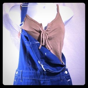 Blue overalls. long pants.